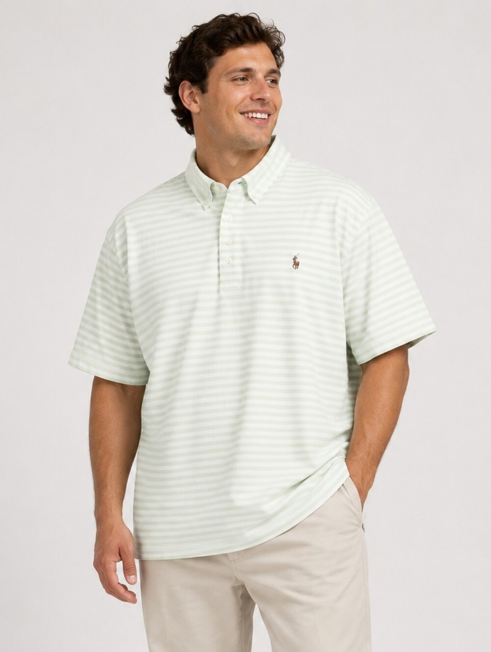 Ralph Lauren Knit Oxford Green White Stripes Collar Polo Flesh Pony Men's 4XB